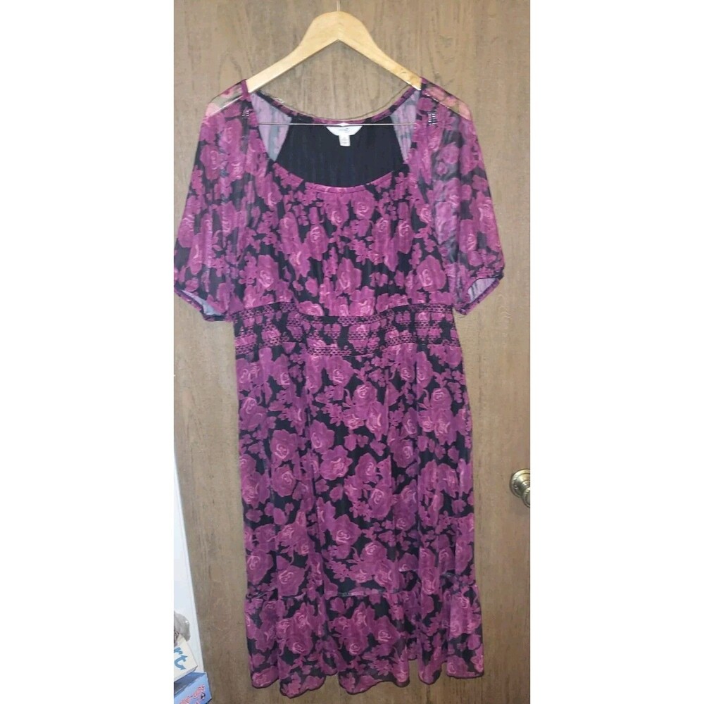 Terra & Sky Womens Black/Fuschia Floral Print Dress Size 1X (16w-18w)